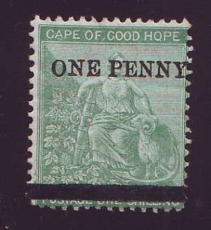 Cape of Good Hope - 1876  'ONE PENNY' surcharged in black on 1/- green. MM. SG 33