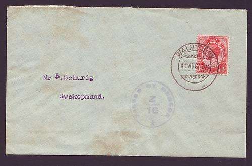 SWA - South Africa occupation - 1919 KGV 1d   used on censored cover