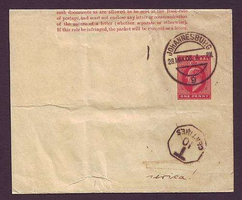 POSTAL HISTORY - TRANSVAAL KEVII  Postal wrapper  with Postage due