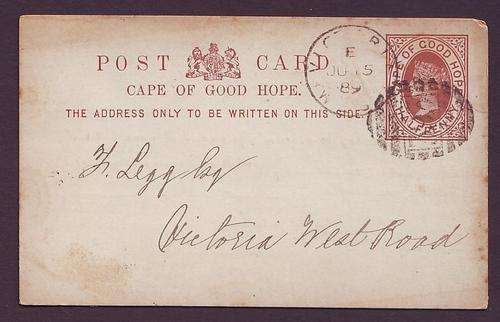 POSTAL HISTORY  -  COGH QV PC 1889   "Victoria West" proving BONC 393