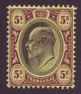 TRANSVAAL - 1902 KEVII  5s Black and purple on yellow *MM*  SACC 260