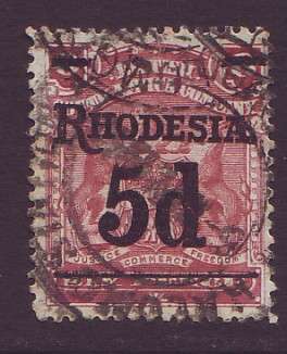 BSAC - RHODESIA  1909 Definitive Issue  5d on 6d Reddish-purple SACC 114  USED