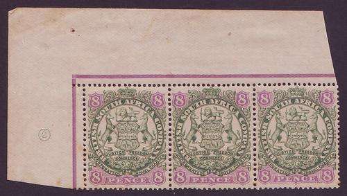 BSAC - RHODESIA  1896 Large Arms Issue DIE I  8d Corner strip of three Plate 2  *MM/UM**