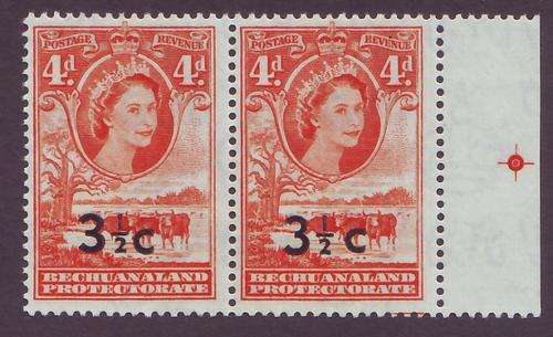 BECHUANALAND PROTECTORATE - 1961 3&1/2c on 4d red orange pair one with "Wide surcharge" *MM*