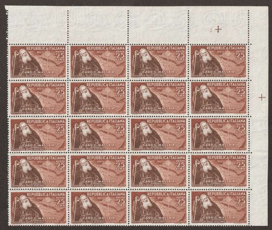 ITALY -  1952 Cardinal Massaia Issue  Stunning marginal block of 20 **MNH**