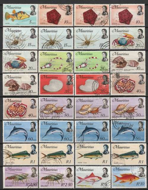 MAURITIUS - 1969 Marine Life Issue part set,shades/watermarks (32 stamps) VF USED