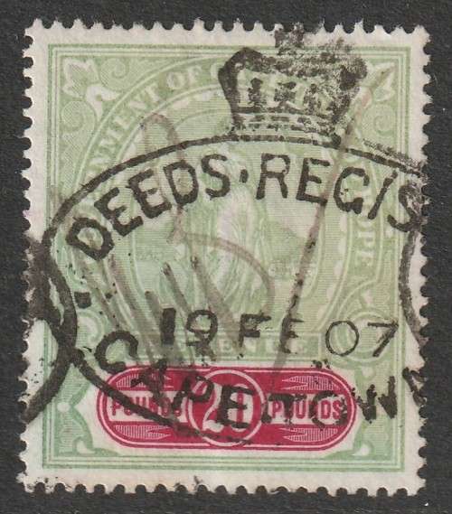 Cape of Good Hope -  1898  QV  REVENUE  Standing Hope Issue  20 Pounds Green & Red.  Very Scarce.