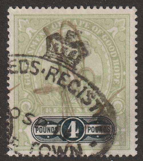 Cape of Good Hope -  1898  QV  REVENUE  Standing Hope Issue  4 Pounds Green & black.  Scarce.