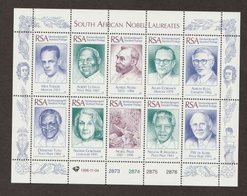 RSA -  1996  Nobel Laureates of South Africa Issue (Standard Postage) Full sheet of 10   **MNH**
