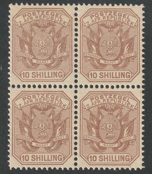 TRANSVAAL - 1895 10s pale chestnut,block of four **MNH**