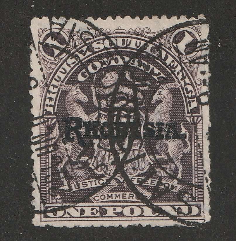 BSAC - RHODESIA  1909 Definitive Issue  1 pound greyish violet  VF USED