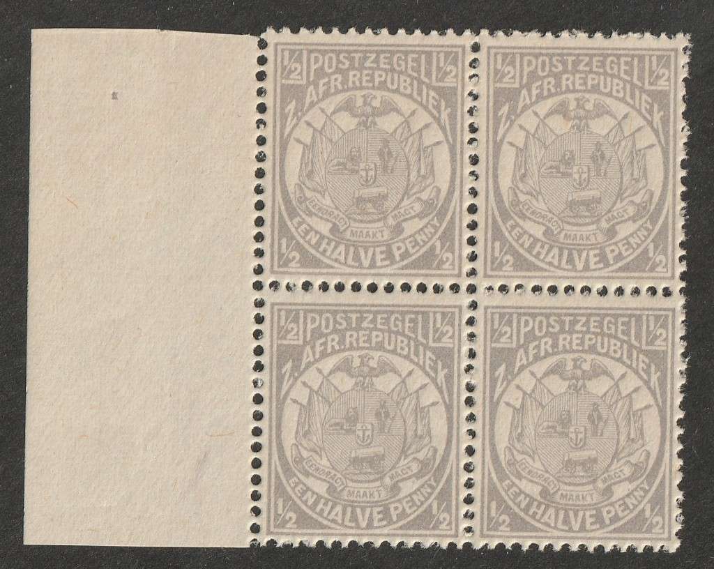 TRANSVAAL - 1885  1/2d  grey, marginal block of four**MNH**