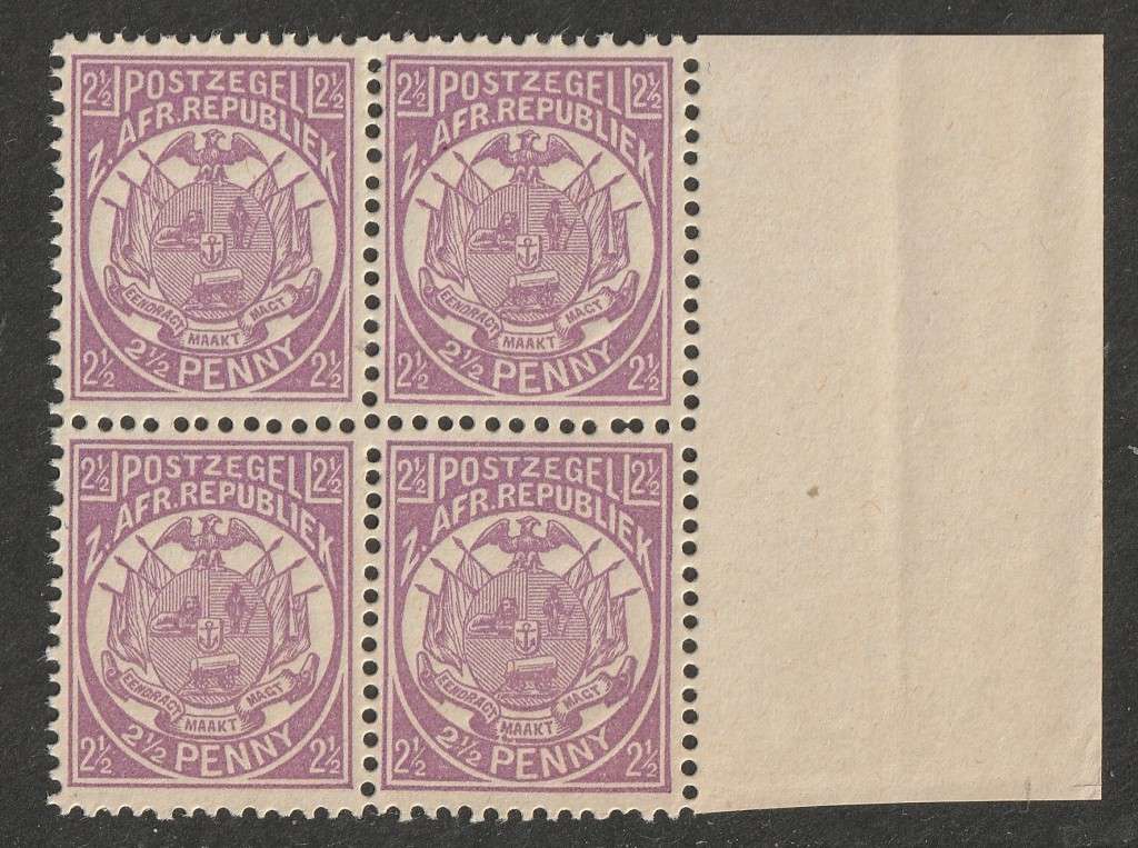 TRANSVAAL - 1885  2&1/2d mauve, marginal block of four**MNH**