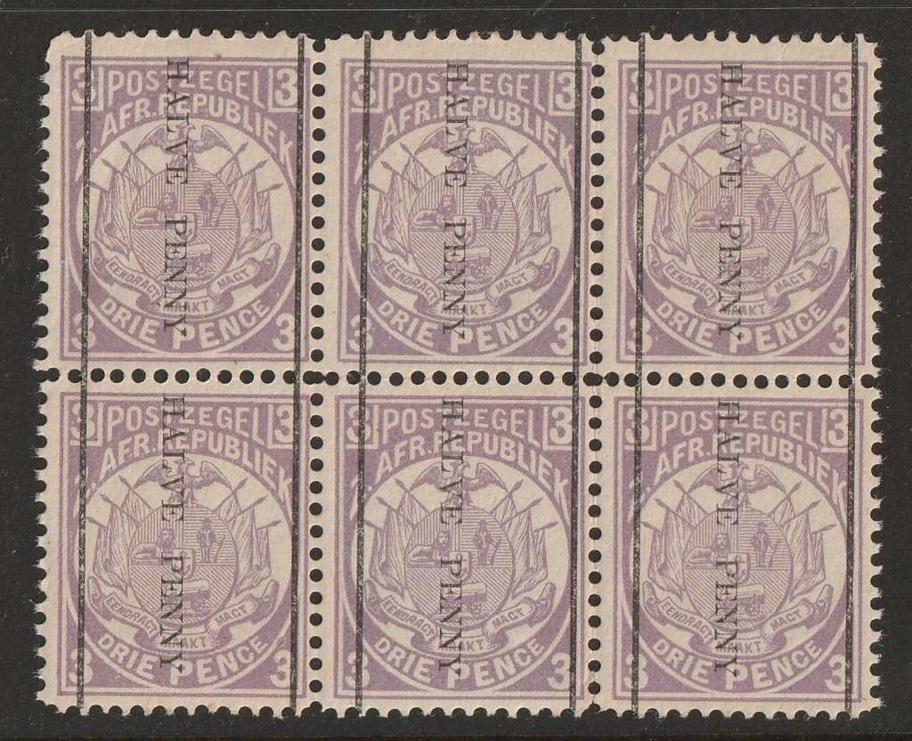 TRANSVAAL - 1885  Provisional Surcharges 1/2d on 3d block of six, superb unmounted mint SACC 197