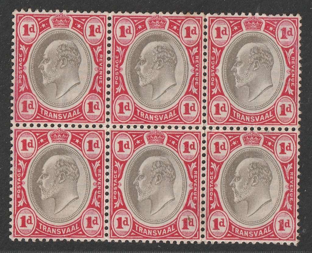 TRANSVAAL - 1902 Issue 1d grey and carmine block of six *MM/MNH**