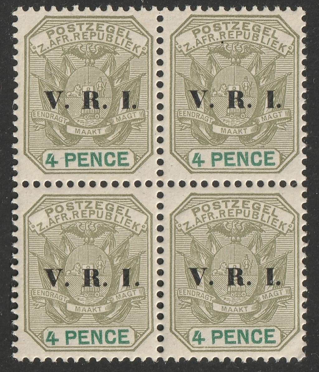 TRANSVAAL - 1900  4d sage green and green overprinted VRI, block of four **MNH**
