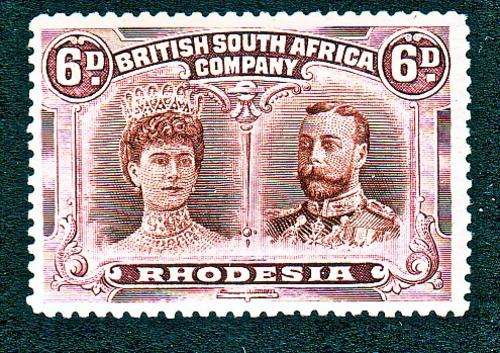 BSAC - RHODESIA   1910 DOUBLE HEADS  6d Brown & Purple SACC145 MM