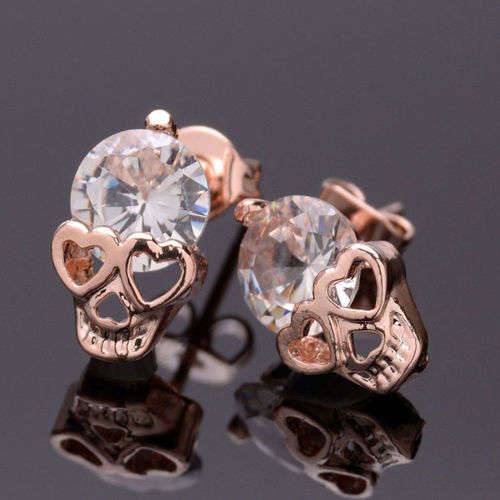 Gold Tone Crystal Skull Pierced Studs Earrings