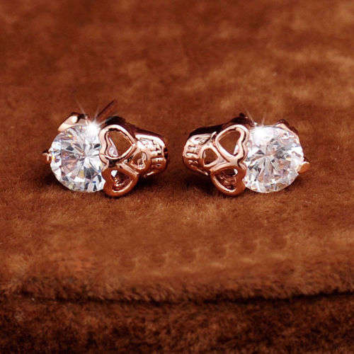 Gold Tone Crystal Skull Pierced Studs Earrings