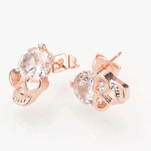 Gold Tone Crystal Skull Pierced Studs Earrings