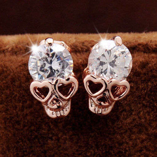 Gold Tone Crystal Skull Pierced Studs Earrings