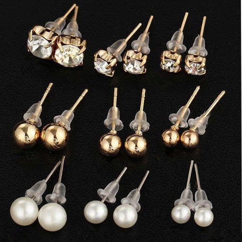 Rhinestone Crystal Pearl Earrings - 9 Pairs