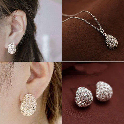 Silver Rhinestone Necklace, Pendant and Earing Set