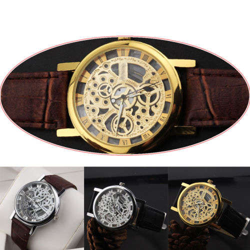 Transparent Mechanical Skeleton Wrist Watch, Gold with Black Leather Strap