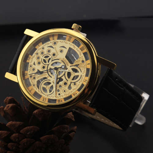 Transparent Mechanical Skeleton Wrist Watch, Gold with Black Leather Strap