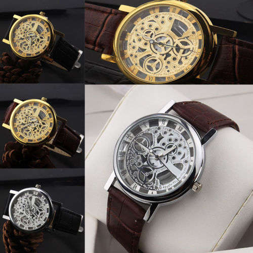 Transparent Mechanical Skeleton Wrist Watch Silver with Brown Leather Strap