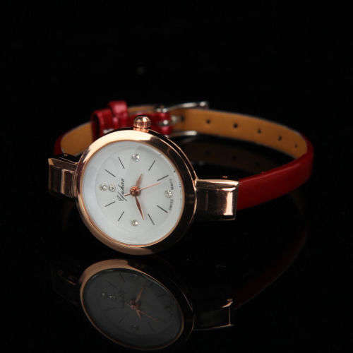 BEAUTIFUL LEATHER RED & GOLD LADIES WATCH SLIM DESIGN