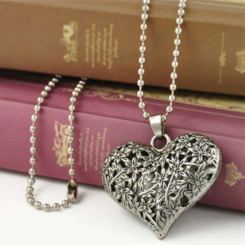 Retro Carved Heart With Sterling Silver Long Chain