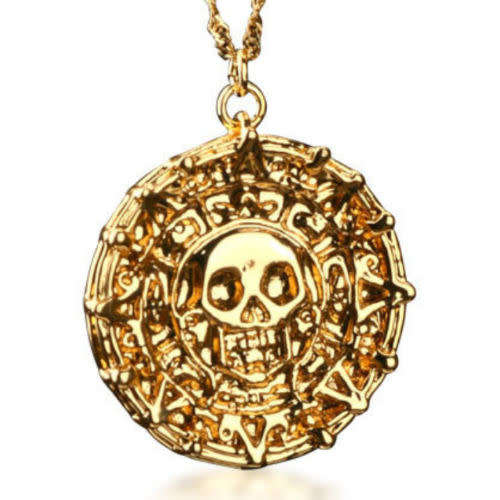 Vintage Pirate Of The Caribbean Gold Coin Medal Necklace & Pendant