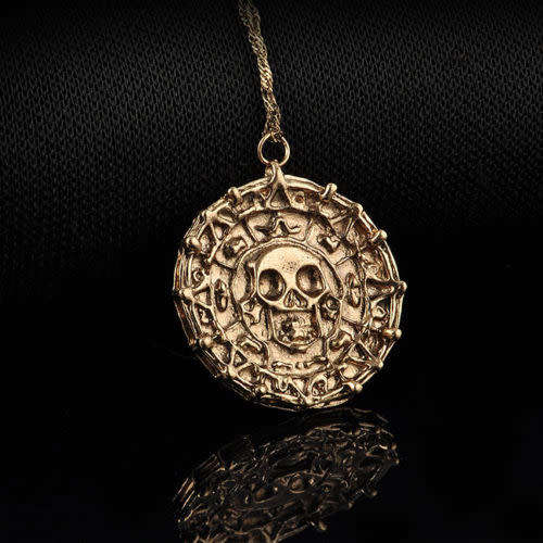 Vintage Pirate Of The Caribbean Gold Coin Medal Necklace & Pendant