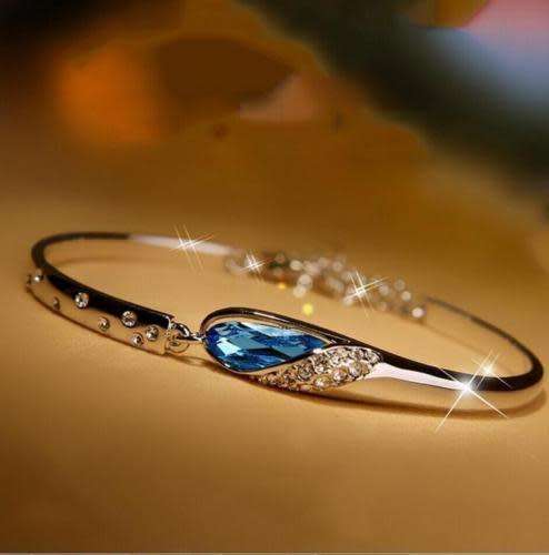 Elegant Silver, Blue & Crystal Cuff Bangle