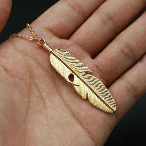 Vintage Gold Feather Pendant Long Chain Necklace