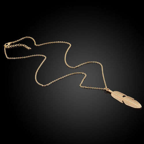 Vintage Gold Feather Pendant Long Chain Necklace