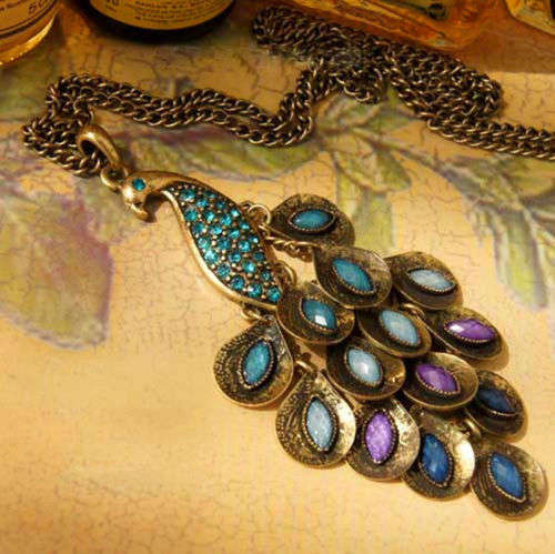 Bronze Peacock Long Sweater Chain Pendant Necklace