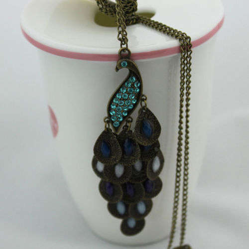 Bronze Peacock Long Sweater Chain Pendant Necklace