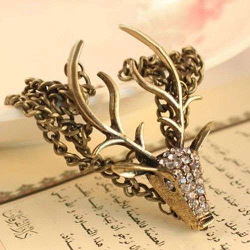 Vintage Bronze Deer Head Long Antlers Pendant Bracelet