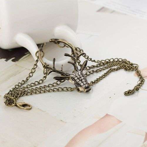 Vintage Bronze Deer Head Long Antlers Pendant Bracelet