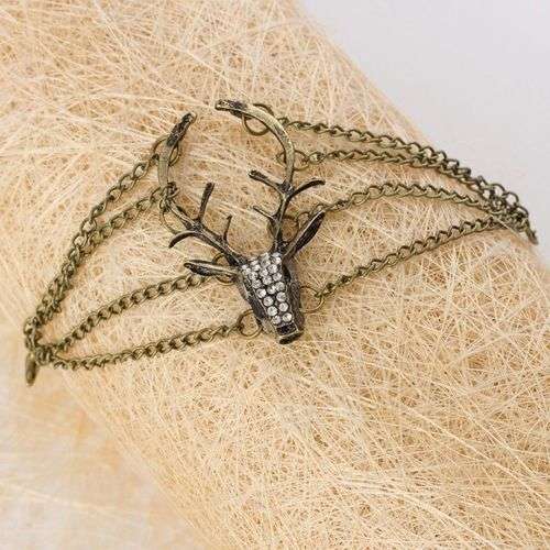 Vintage Bronze Deer Head Long Antlers Pendant Bracelet