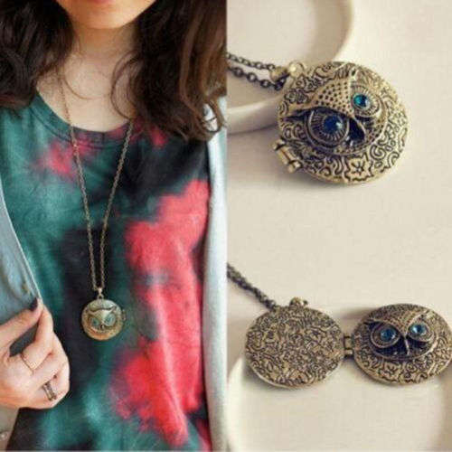 Vintage Bronze Owl Locket Chain Necklace