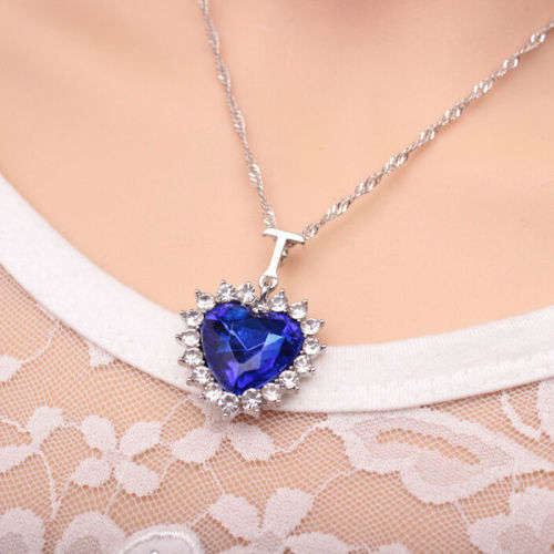 Blue Crystal Heart Rhinestone Pendant Necklace
