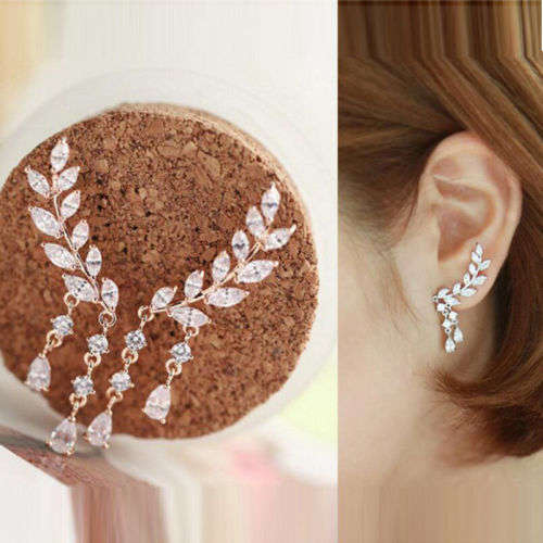 Crystal Leaves Tassel Ear Drop Stud Earrings