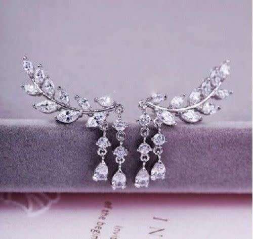 Crystal Leaves Tassel Ear Drop Stud Earrings
