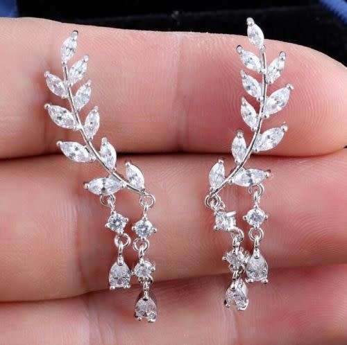 Crystal Leaves Tassel Ear Drop Stud Earrings