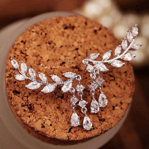 Crystal Leaves Tassel Ear Drop Stud Earrings