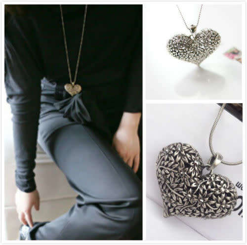 Retro Carved Heart Long Necklace