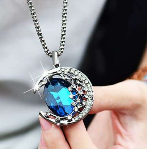 Retro Crystal Moon Long Pendant Sweater  Necklace